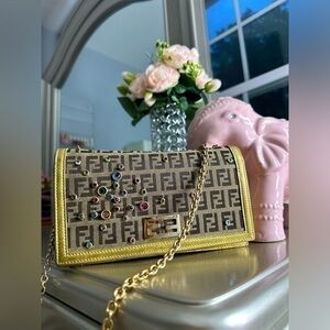 Fendi Rhinestone Monogram Canvas Wallet on Chain